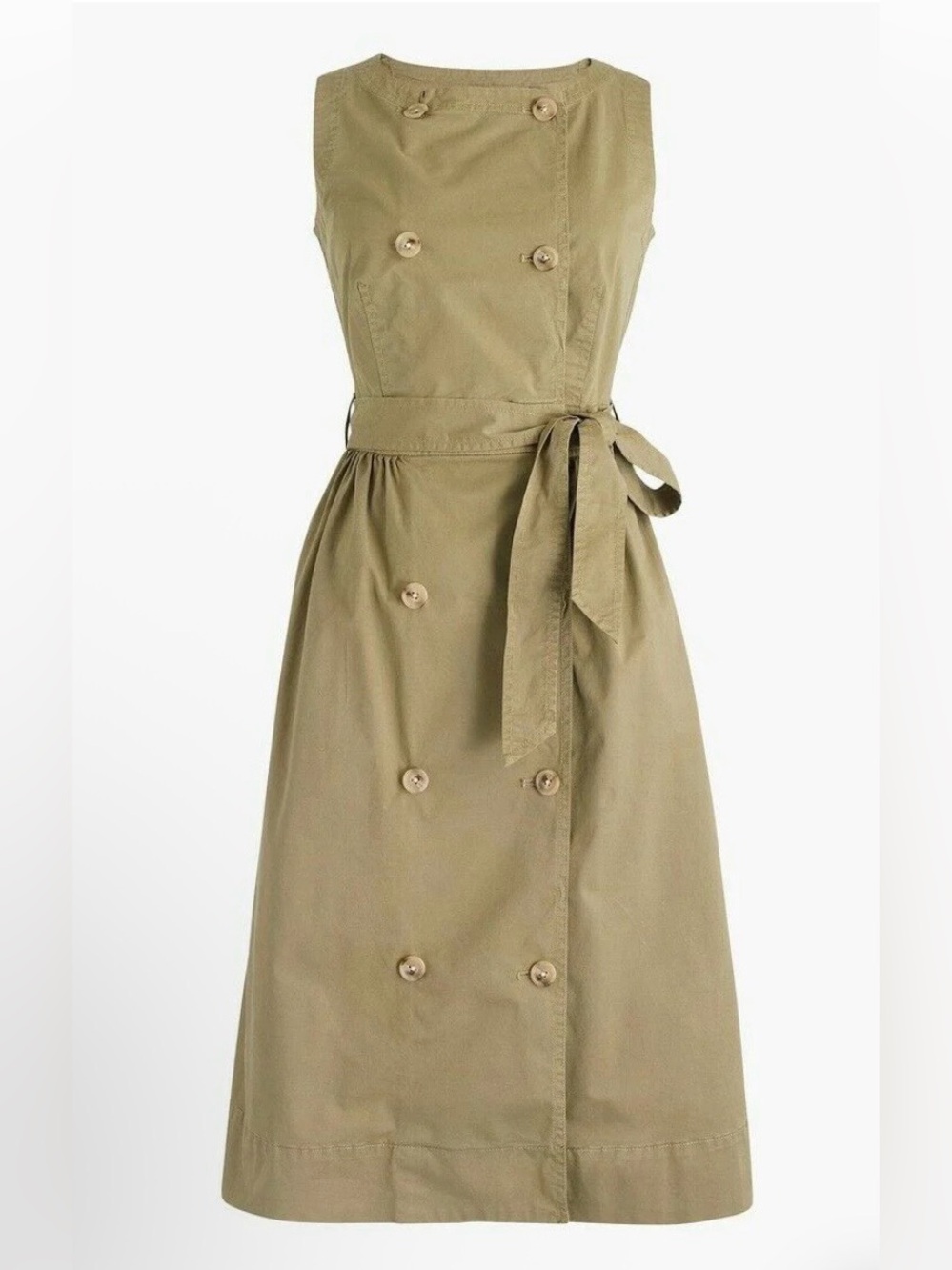 J. Crew Khaki/Olive Green Sleeveless Double-Breasted Tie-Waist Midi Dress